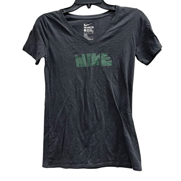 NIKE VTG dark gray green block lettering logo v Neck Streetwear grunge tee Sz S - Picture 1 of 4